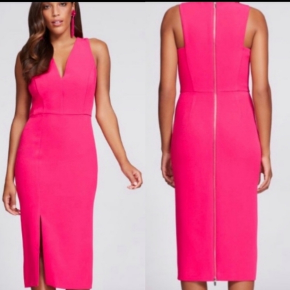 NWT $80 NY&CO GABRIELLE UNION HOT PINK BELOW KNEE V-NECK SHEATH DRESS sz 0 - Picture 1 of 16